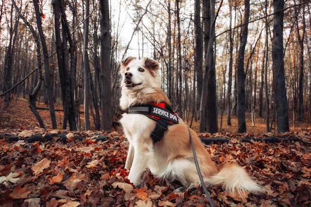 Dog sitting in leaves wearing a service dog vest